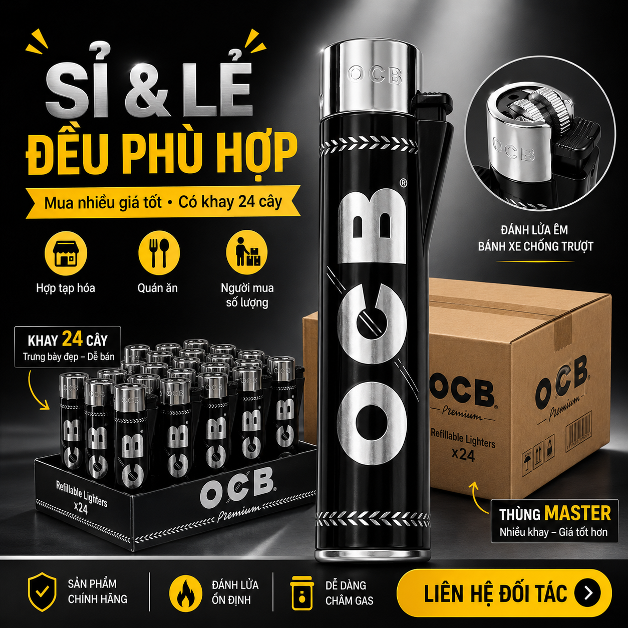 Bật Lửa Gas Thân Tròn V16 OCB Premium – Dáng Sang Trọng, Châm Gas Lại - Thùng 600 cái