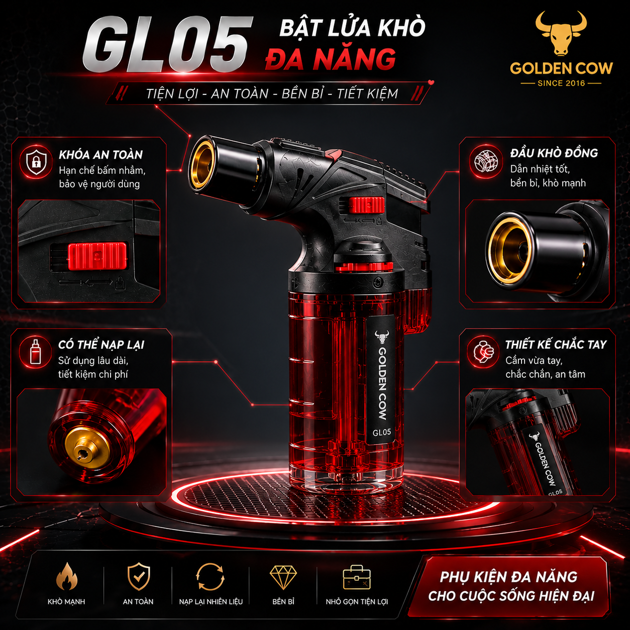 Cây khò gas mini (tái sạc) Con Bò Vàng GL05