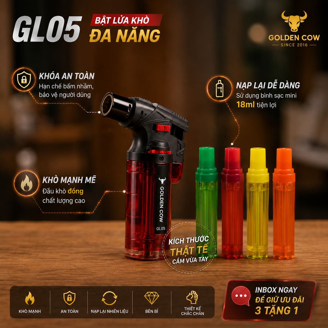 Cây khò gas mini (tái sạc) Con Bò Vàng GL05