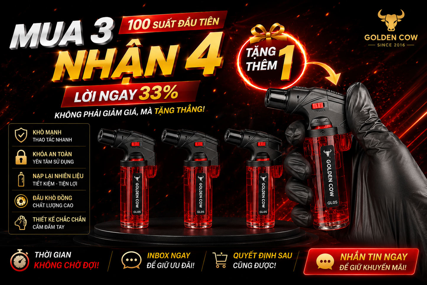 Cây khò gas mini (tái sạc) Con Bò Vàng GL05