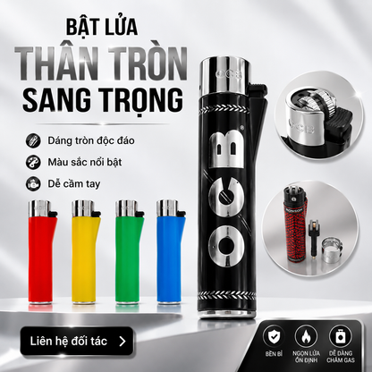 Bật Lửa Gas Thân Tròn V16 OCB Premium – Dáng Sang Trọng, Châm Gas Lại - Thùng 600 cái
