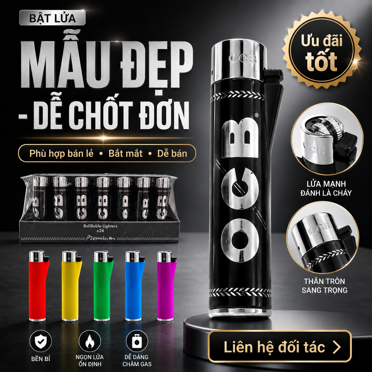 Bật Lửa Gas Thân Tròn V16 OCB Premium – Dáng Sang Trọng, Châm Gas Lại - Thùng 600 cái