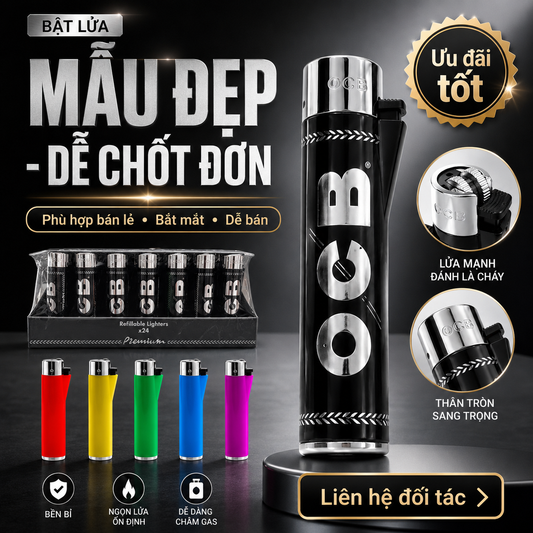Bật Lửa Gas Thân Tròn V16 OCB Premium – Dáng Sang Trọng, Châm Gas Lại - Thùng 600 cái