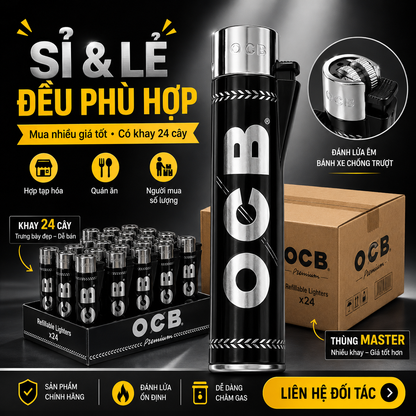 Bật Lửa Gas Thân Tròn V16 OCB Premium – Dáng Sang Trọng, Châm Gas Lại - Thùng 600 cái