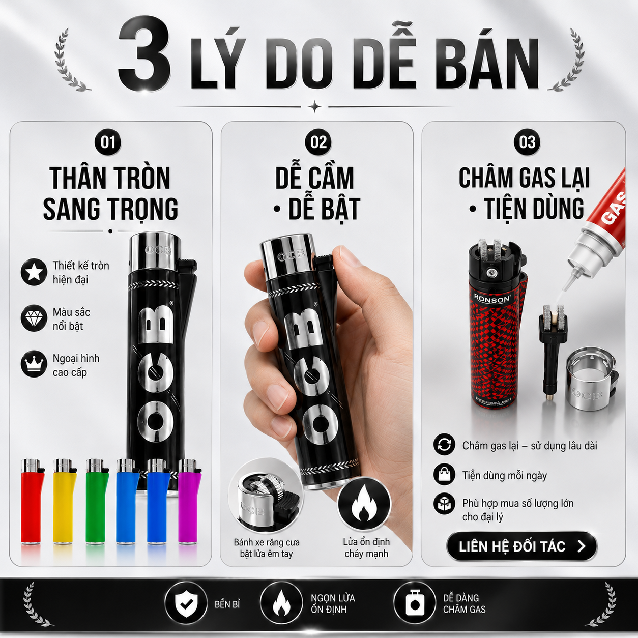 Bật Lửa Gas Thân Tròn V16 OCB Premium – Dáng Sang Trọng, Châm Gas Lại - Thùng 600 cái