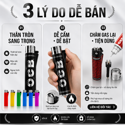 Bật Lửa Gas Thân Tròn V16 OCB Premium – Dáng Sang Trọng, Châm Gas Lại - Thùng 600 cái