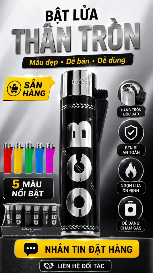 Bật Lửa Gas Thân Tròn V16 OCB Premium – Dáng Sang Trọng, Châm Gas Lại - Thùng 600 cái