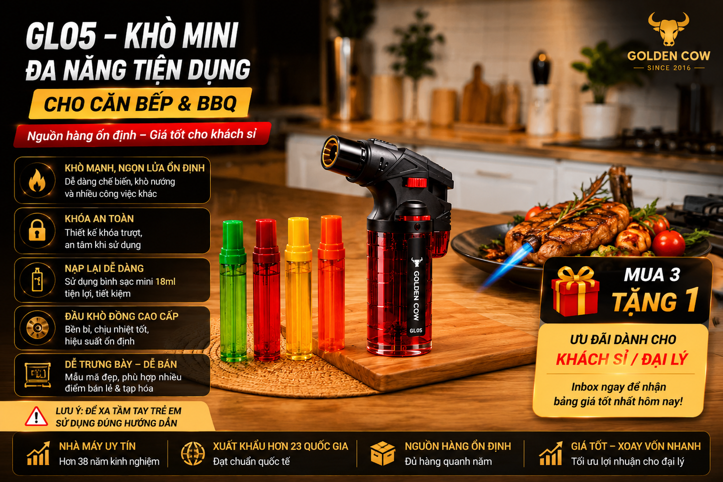 Cây khò gas mini (tái sạc) Con Bò Vàng GL05