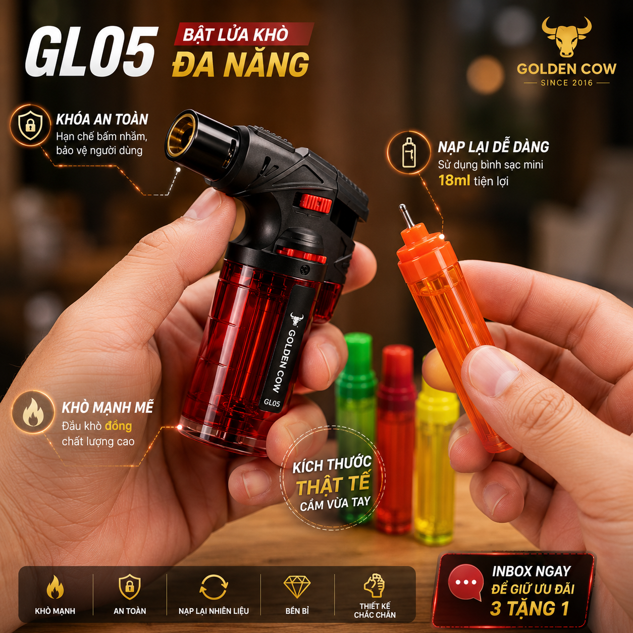 Cây khò gas mini (tái sạc) Con Bò Vàng GL05